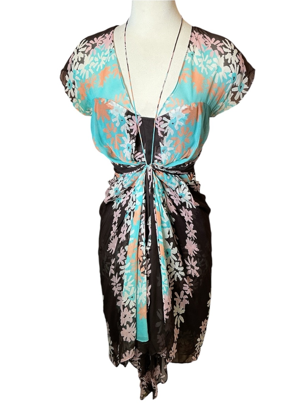 Y2K Diane von Furstenberg Silk Floral Mini Cinch Waist Kimono Dress Size 2